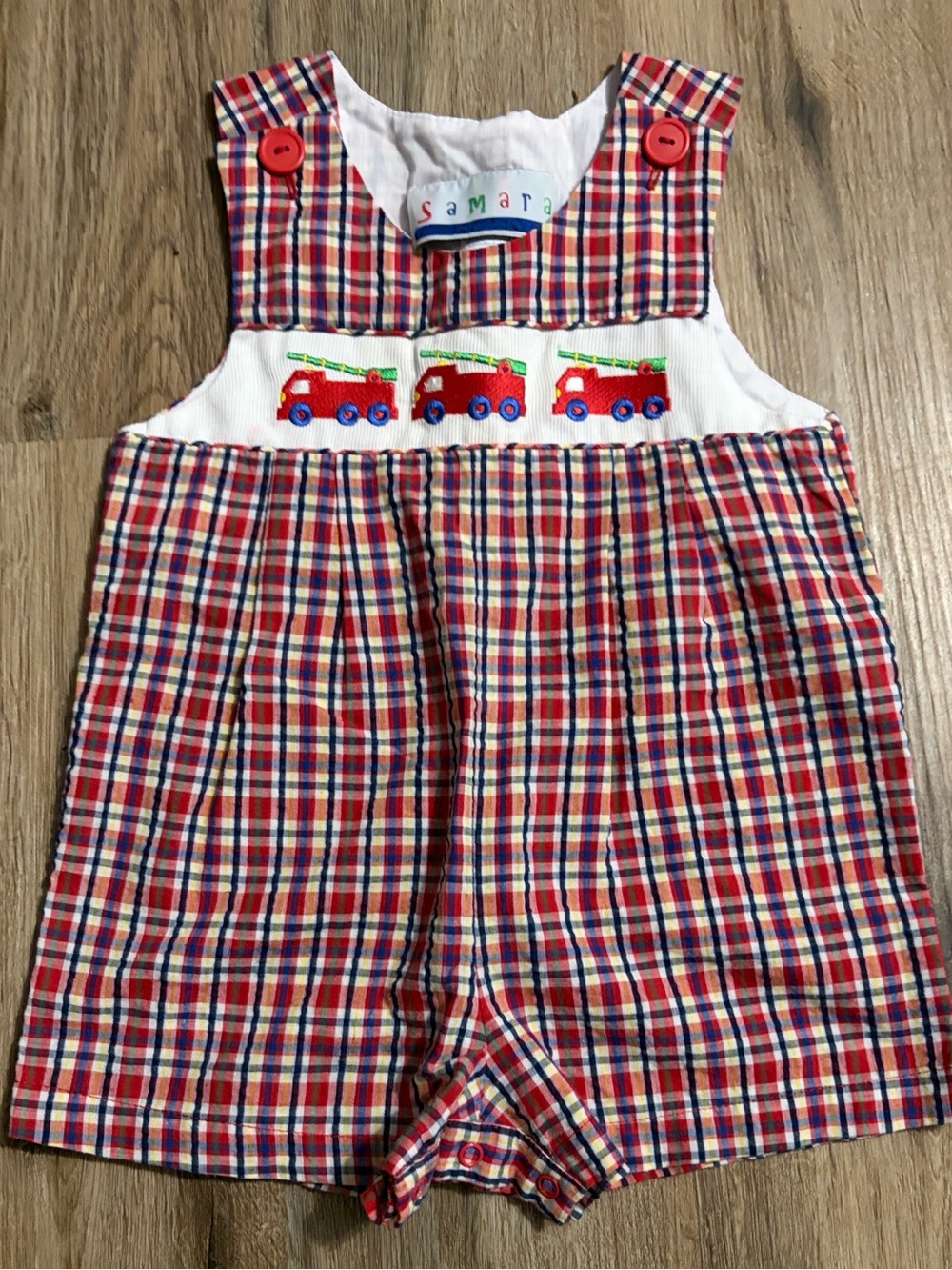 Samara - Plaid Baby Romper with Fire Truck Embroidery - Size 18 Months